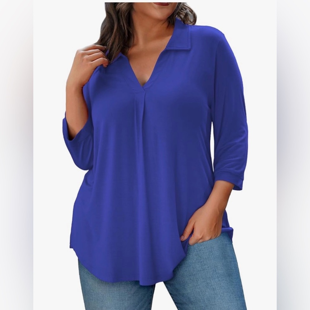 Relaxed V-Neck Collar Tunic Top - Royal Blue - 2XL